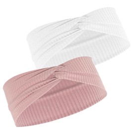 2 Stück Kinder-Stirnbänder, gestricktes Mädchen-Stirnband, weiches Baby-Stirnband, bequeme modische Mädchen-Stirnbänder, elastische Kopfbedeckung mit Knoten für Jungen und Mädchen (Weiß, Rosa)
