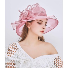 ELLYDOOR Women Kentucky Derby Fascinator Hat Organza Church Wedding Hat Wide Brim Cocktail Tea Party Hat Pink