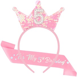 Exacoo 5th Brithday Decorations for Girl,Birthday Headband and Sash Set Pink Happy Brithday Decorations for 5 Year old Girl Princess Crown Headband for Girls 5th Brithday Girls Outfit