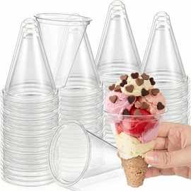 Roshtia 300 Pcs Plastic Cone Cups Disposable Plastic Shaved Ice Cups Snow Cone Water Cooler Slushies Dispenser for Valentine's Day Events Party, Syrup or Juice, Quick Hydration, Transparent 4 oz
