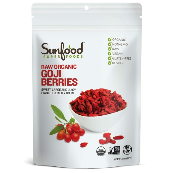 Sunfood Goji Berries | Organic, Naturally Sun-Dried | No Additives or Sweeteners | 100% Pure Single Ingredient Product | 8 oz Bag