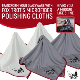 Fox Trot Large Microfiber Polishing Cloths (4 Pack White | Gray) | Streak Free, Lint Free Shine and Clarity for Wine Glasses, Stemware and More