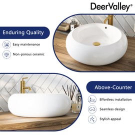 DeerValley Bathroom Sink White Round Ceramic Vessel Sink - 20" x 7'' Modern Above Counter Porcelain Bathroom Vanity Bowl Art Basin with Overflow Hole