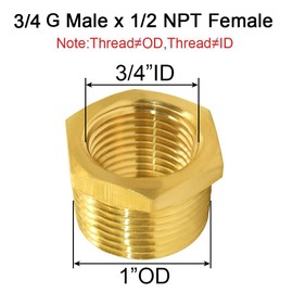 Joywayus Brass 1/2" NPT Female × 3/4" G Male Thread Bushing Reducing Cast Pipe Fitting Hex Reducer Adapter