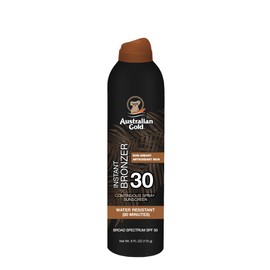 Australian Gold Continuous Spray Sunscreen with Instant Bronzer SPF 30, Immediate Glow & Dries Fast Water Resistant NonGreasy Oxybenzone Free Cruelty Free, Bronzer New, Orange, 6 Oz