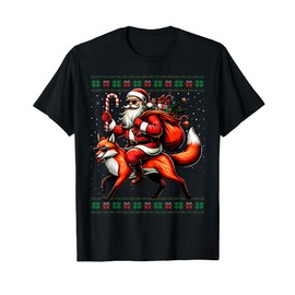 Santa Riding Fox Animal Ugly Christmas Jumper T-Shirt, black