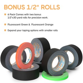 Office Deed Black Gaffers Tape 2 inch X 30 Yard, 6 Pack, Non-Reflective, No Residue, Hand Tear, Waterproof, Matte Black Gaff Tape for Stages, Floor Tape for Electrical Cords (6 Pack)