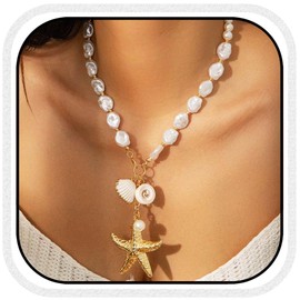 Atigy Boho Seestern Halskette Perlen Muschel Halskette Anhänger Strand Halskette Schmuck für Frauen (Weiß)