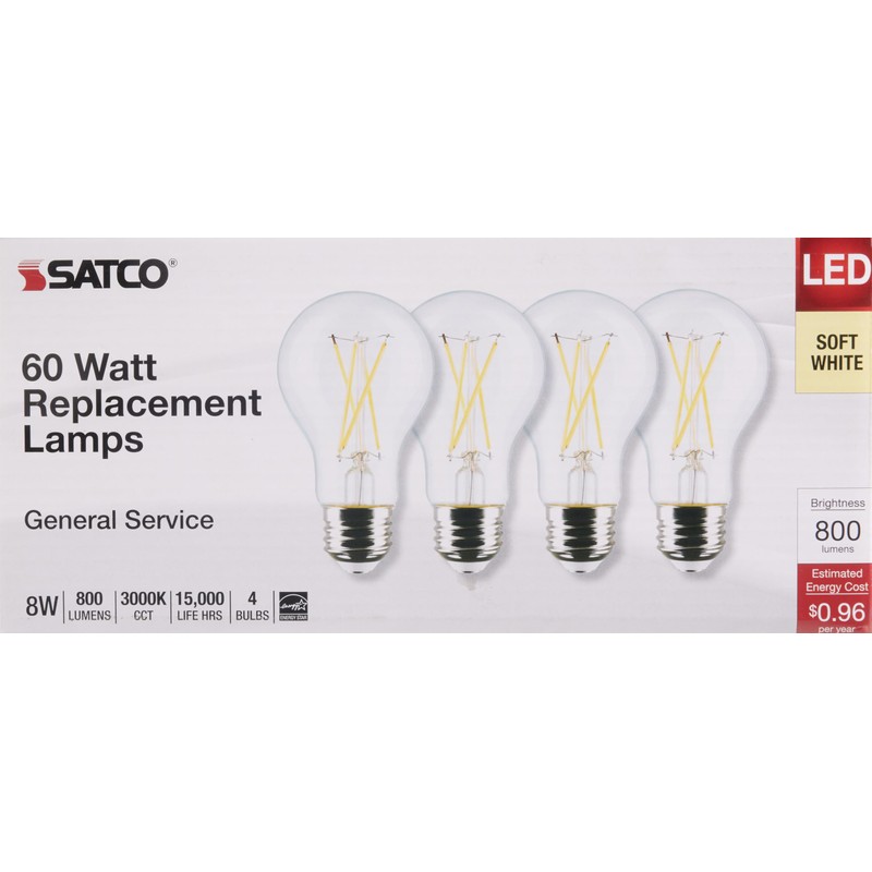 Satco S12463 8 Watt A19 LED Bulb, Clear, 3000K, Medium