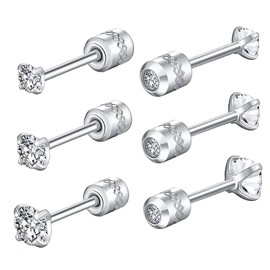 3 Pairs Screw Back Stud Earrings,Hypoallergenic Stainless Steel Tiny Round Cubic Zirconia Double Sided Small Cartilage Tragus Earrings for Women Men (2mm/3mm/4mm) (Silver-2/3/4mm)