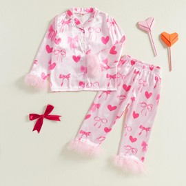 Twopumpkin Toddler Girl Valentines Day Satin Silk Pajamas 2 Piece Pajama Set Little Kid Girls Pjs Nightgown Outfit (Valentines Love Heart Bow Pink, 8-9 Years)