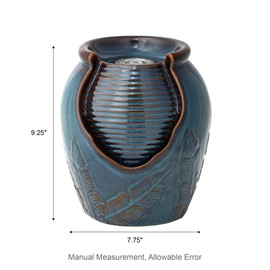 Glitzhome Indoor Outdoor Ceramic Jar Water Fountain with LED Light, Mini Turquoise Leaf Textured Tabletop Clay Pot Water Fountain, Decorative Zen Meditation Table Waterfall for Home Office, 9.25”H