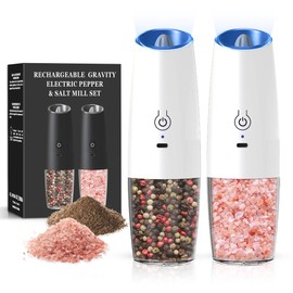 BELRIGO Rechargeable Salt And Pepper Grinder Set with LED Light, Automatic Electric Gravity Salt And Pepper Shakers Set, No Battery Needed, Adjustable Roughness, 2 Pack (White)
