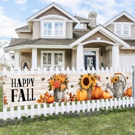 BlissYard Fall Banner Happy Fall Backdrop Pumpkins Sunflowers Bees Watering Cans 118x20 inches Autumn Harvest Decor Seasonal Party Supplies Fall Celebration Wall Hanging Decoration