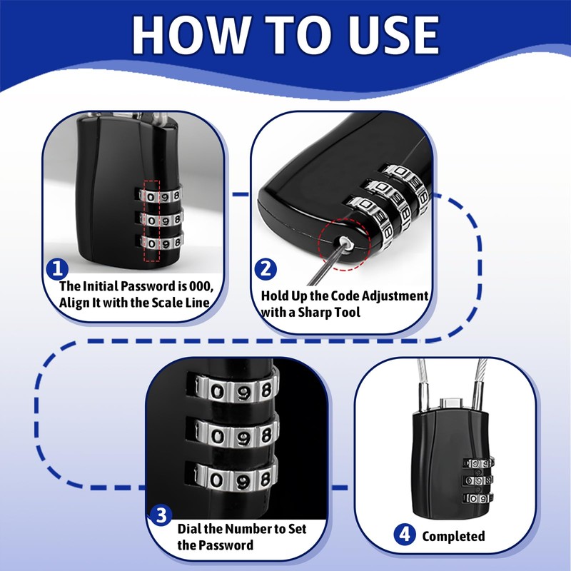3 Digit Cable Combination Locks, Cable Wire Combination Padlock Anti-Theft