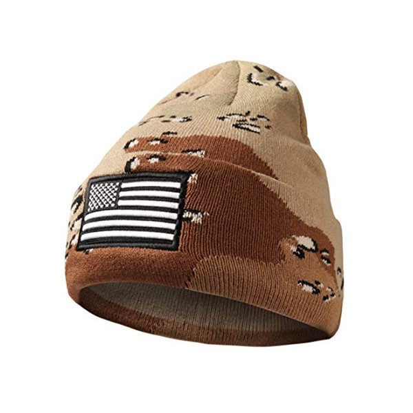MIRMARU Men’s US American Flag Embroidered Folded Cuff Skull Beanie Cap – Comfortable Stretchy Warm and Cozy Winter Hat (Desert Camo)