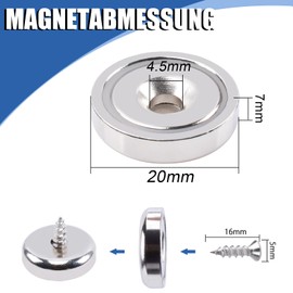 Pack of 10 Neodymium Magnets Extra Strong 10 kg Force 20 x 7 mm with Hole and Capsule, Countersunk Pot Magnet with Screws, Magnets Strong for Kitchens, Fridges, Bathrooms, Magnetic Board, Offices