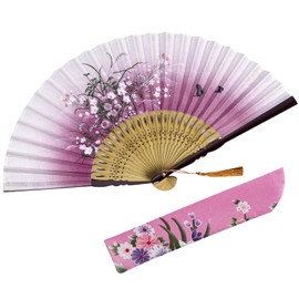 Wobe Grassflowers 8.27"(21cm) Folding Hand Held Fans - with a Fabric Sleeve for Protection for Gifts - Chinese/Japanese Vintage Retro Style Handheld Folding Fan (Red)