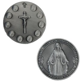 Catholic Rosary Challenge Coin, Religious Medallion with Holy Mary and Crucifix, Antique Silver Finish