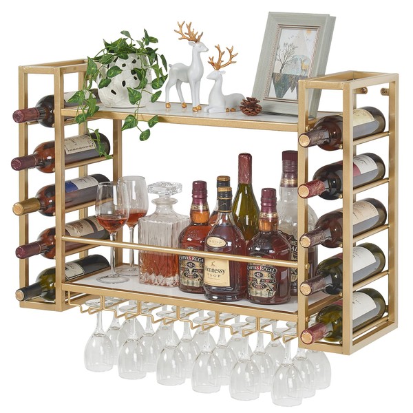 GOLASON Wall Mounted Wine Rack with Glass Holder, Metal Bottle Holder Wine Storage Display Shelf for Home Bar Dining Room Kitchen (31.5 Inch, Gold)