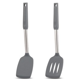 Cooptop Pack of 2 Non Stick Solid & Slotted Silicone Spatula Set, Heat Resistant Silicone Turners for Fish,Eggs,Pancakes (Black Grey)