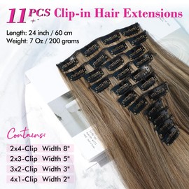 REECHO Hair Extensions, 11PCS Clip in Hair Extensions 24" Long Straight hair extensions HE005 Natural Soft Synthetic Hairpieces for Women – Chocolate Brown with Highlights