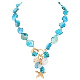 Firstmeet Natural Freshwater Shell Choker With Pearl Starfish Turquoise Pendant Irregular Mother of Pearl Necklaces for Women(XL-1222-Blue)