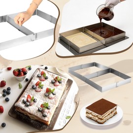 AiQInu Set Stampo per Torte Regolabile - Cornice Rettangolare/Quadrata Regolabile con Anello per Dolci, Teglia da Forno, Divisiore & Accessori per Torte & Dessert (18,5x27,5-34x52,5 cm)