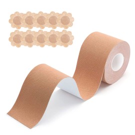 Cinta para Pechos y 10 Piezas de Pezón sin Respaldo de Pétalos, Cinta Adhesiva para Levantamiento de Senos, Cinta de Pechos Cinta de Sujetador, Boob Tape para Copa A-E Pecho Grande (5CM*5M, Nude)