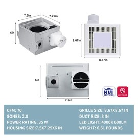 Tech Drive Very-Quiet 70 CFM, 2.0 Sone Bathroom Ventilation and Exhaust Fan With LED light 4000K 600LM(70CFM),Ceiling Mounted Fan,Easy to Install