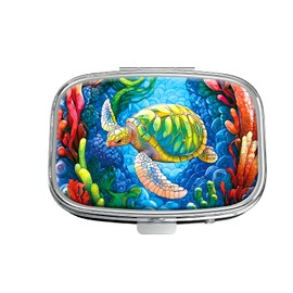 Pill Box, Small Pill Case for Purse & Pocket, Metal Decorative Pill Container, Cute Mini Portable Pill Holder to Hold Supplements, Vitamins, Fish Oil, BPA-Free(Sea Turtle)