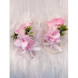 Artificial Calla Lily Corsage and Boutonniere Set for Wedding Flower Accessories Prom Suit Decorations (Pink)