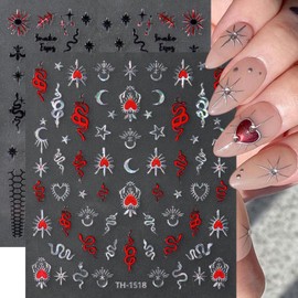 Snake Nail Stickers - 3D Bronzing Red Love Snake Laser Silver Black Snake Cartoon Star Moon Eye Heart Nail Design Shiny Cross Starlight Nail Stickers Manicure Gothic Charms Decal for DIY French Decor