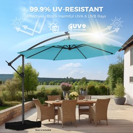 HOMSHADE 10ft Solar Lights Offset Cantilever Patio Umbrella - with Light and Base, LED Lighted Offset Hanging Patio Outdoor Market Umbrella UPF50+ UV Protection with Easy Tilt and Crank (Light Blue)