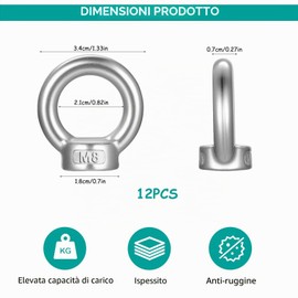 12 Pz Bulloni Occhiello M8, Bullone ad Occhiello M8, Acciaio Inox Bullone Occhiellos, Golfare in Acciaio Inossidabile 304, Dadi ad Anello con Filettatura per Attrezzature di Sollevamento Fissaggio