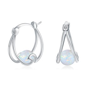 White Opal Hoop Earrings for Women Sterling Silver Small Huggie Earrings Double Hoop Earrings White Opal Jewellery Gifts for Girls (White Opal)