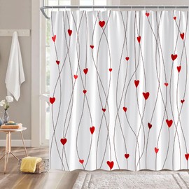 Valentine's Day Shower Curtain Red Heart Geometric Striped Modern Women Bathroom Home Curtain with Hooks,70" Wx70 H