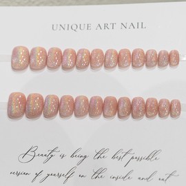 XZMeiLun Cat Eye Pink Glitter Press On Nails Short Square, Designer Reusable Acrylic Fake Nails with Glue, Glossy Soft Gel Nails Wedding and Party, Stick On Glue On Nail, Nails Press Ons for Women