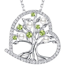 GinoMay Mothers Day Birthday Gifts Mum Tree of Life Jewellery Women August Birthstone Peridot Necklace Sterling Silver White Pearl Heart Necklace