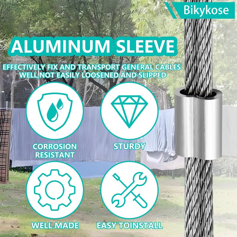 Bikykose 50Pcs M5 Aluminum Crimping Loop Sleeves for 9/64 Inch
