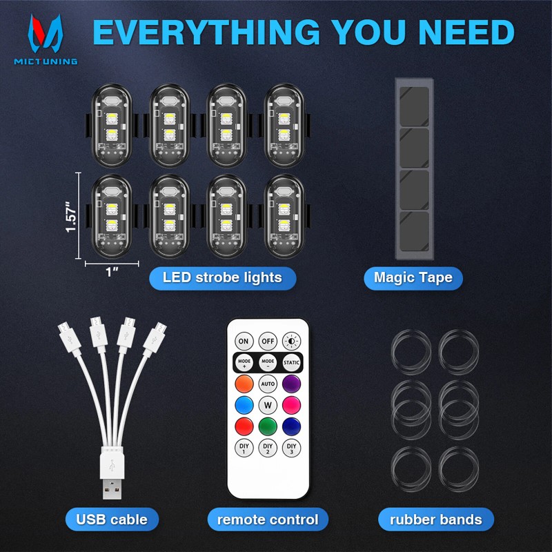 MICTUNING RGB LED Strobe Lights 8pc Flash Emergency Signal Light