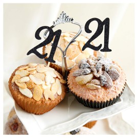 Sumerk 24PCS 21 Cupcake toppers Black Glitter 21th Birthday Cupcake Picks Anniversary Party Decorations