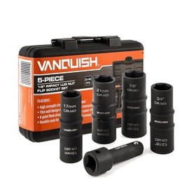 VANQUISH 5-Piece 1/2-Inch Drive Impact Socket Set, Thin Wall Wheel Lug Nut Flip Socket Set with 3-Inch Bar Extension, SAE and Metric Sizes 8999