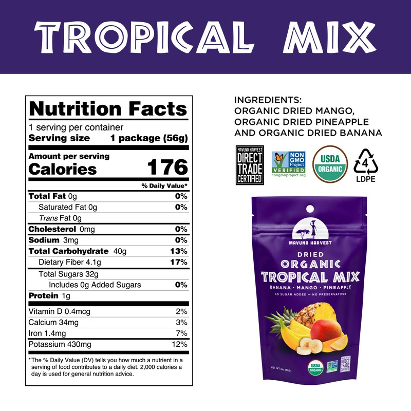 Mavuno Harvest Tropical Mix Dried Fruit Snack | Unsweetened Organic