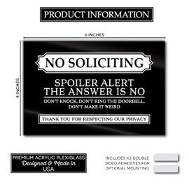 No Soliciting Sign for House Funny, Acrylic No Soliciting Sign for Front Door, Funny No Soliciting Signs, Do Not Ring Doorbell Sign with Adhesive Stickers, 6 x 4 Inches, Made in USA, Black