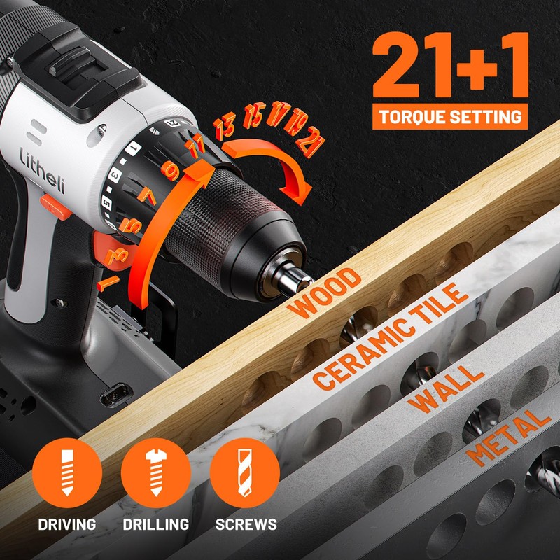 Litheli 20V Cordless Drill Driver, Electric Power Drill with 2