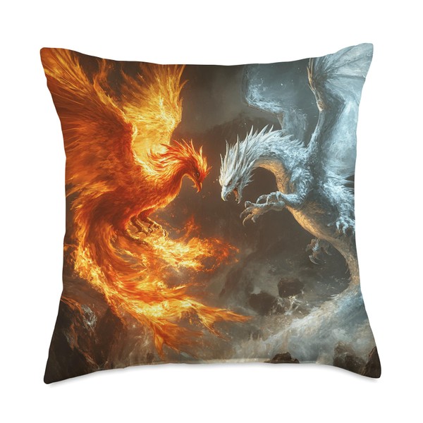 Phoenix and Dragon Confrontation Fantasy Artwork Throw Pillow