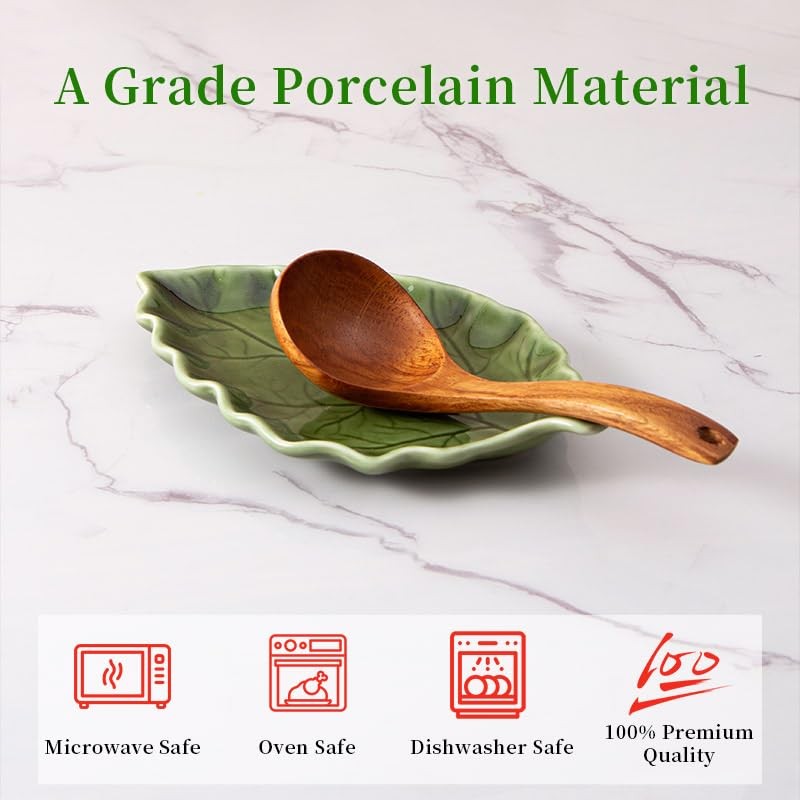 YumiPLUS Ceramic Leaf Spoon rest for Cooking, Cute Green Spoon