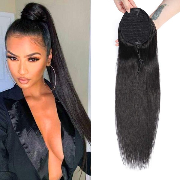 Straight Human Hair Ponytail Drawstring 100% Ponytails Extension for Black Women Brazilian Straight Hair 110g Natural Color (14, Straight)