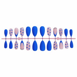 MISUD Press on Nails Almond Medium Fake Nails Matte Glue on Nails Royal Blue French Tip Acrylic Nails Stiletto Artificial Nails Heart Stick on False Nails with Rhinestone Design 24 pcs